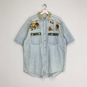 Vintage Denim Blue Jeans Shirt Patchwork Art Denim Jeans Casual Style Buttondown Jeans Oxfords Size L