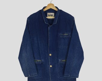 Vintage 90's American Denim Worker Jacket Indigo Blue Three Pocket Button Down Casual Jacket Men Outerwear Coat Workwear Jeans Jacket Size M