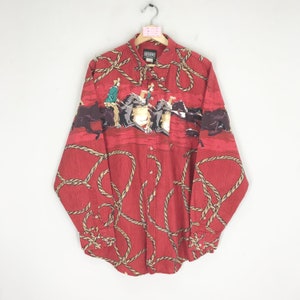 Vintage 90s Retro Western Shirt Red Roughrider Xlarge Button Down Graphic American Cowboys Flannel Shirt Oxford Casual Single Pocket Size XL