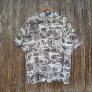 Puritan Hawaiian Rayon Button Down Shirt Overprinted Motorcycle Race Nice Design Size M