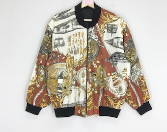 Vintage 90s Royalty Baroque Silk Bomber Jacket Overprinted Pop Art Luxury Styles Novelty Baroque Gold Chain Bomber Psychedelic Jacket Size L