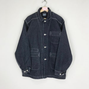 Vintage 90s American Denim Jeans Indigo Blue Workers Denim Jacket Frenchwork Workwear Jacket Three Pocket Utility Denim Jacket Jean Size L