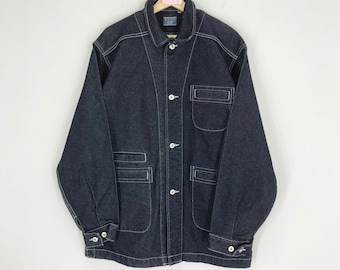 Vintage 90s American Denim Jeans Indigo Blue Workers Denim Jacket Frenchwork Workwear Jacket Three Pocket Utility Denim Jacket Jean Size L