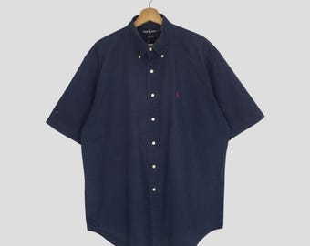 Vintage Polo Ralph Lauren Shirt Navy Blue Large Polo Pony Embroidery Button Down Shirt Polo Ralph Lauren Oxford Casual Short Sleeve Size L