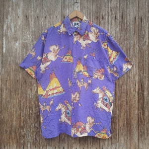 Zeldzaam! Vintage Abstract Design Button Down Shirt Kleurrijke Stijl Rayon Hippies Oxford Maat L Kleding Gender-neutrale kleding volwassenen Tops & T-shirts Oxfords 