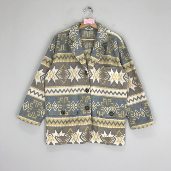 VTG 90s COZY WOOL AZTEC PATTERN BLANKET COAT JACKET NAVAJO STYLE 50” XXL main image 1