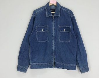 Vintage Denim Indigo Blue Worker Zipper Jacket Workwear Double Pocket Denim Jeans Jacket Size L