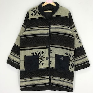Vintage 90er Jahre Tribal Aztech Navajo Pop Art Muster Pullover Buttondown Schwarz Geometric Tribal Native Schönes Design Gr. L