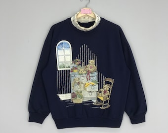 Vintage 90s Teddy Bear Graphic Embroidery Pullover Sweater Bear Crewneck Size M