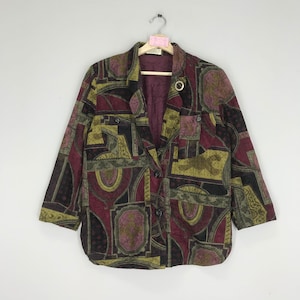Vintage Abstract Pattern Ladies Coats Multicolour Pop Art Style Coats Button Down Size M