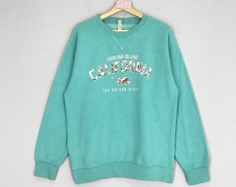 Sudadera vintage de Catalina Island, color verde, con cuello redondo y logotipo bordado, talla M