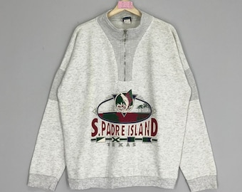 Suéter vintage de South Padre Island, Texas, con media cremallera, cuello redondo, gris, talla L