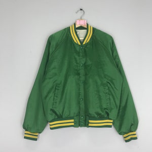 Vintage Chalk Line Green Satin Varsity Jacket Snap Button Baseball Jacket Size L