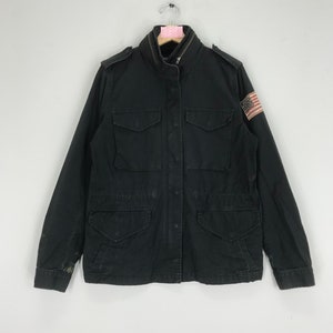 Vintage Polo Jeans Company Ralph Lauren USA Flag On Sleeve Denim Jacket Four Pocket Black Jacket Size M