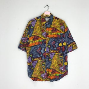 Vintage Psychedelic Pop Art Multicolor Rayon Shirt Abstract Pattern Colourful Button Down Shirt Rockabilly Shirt Size M