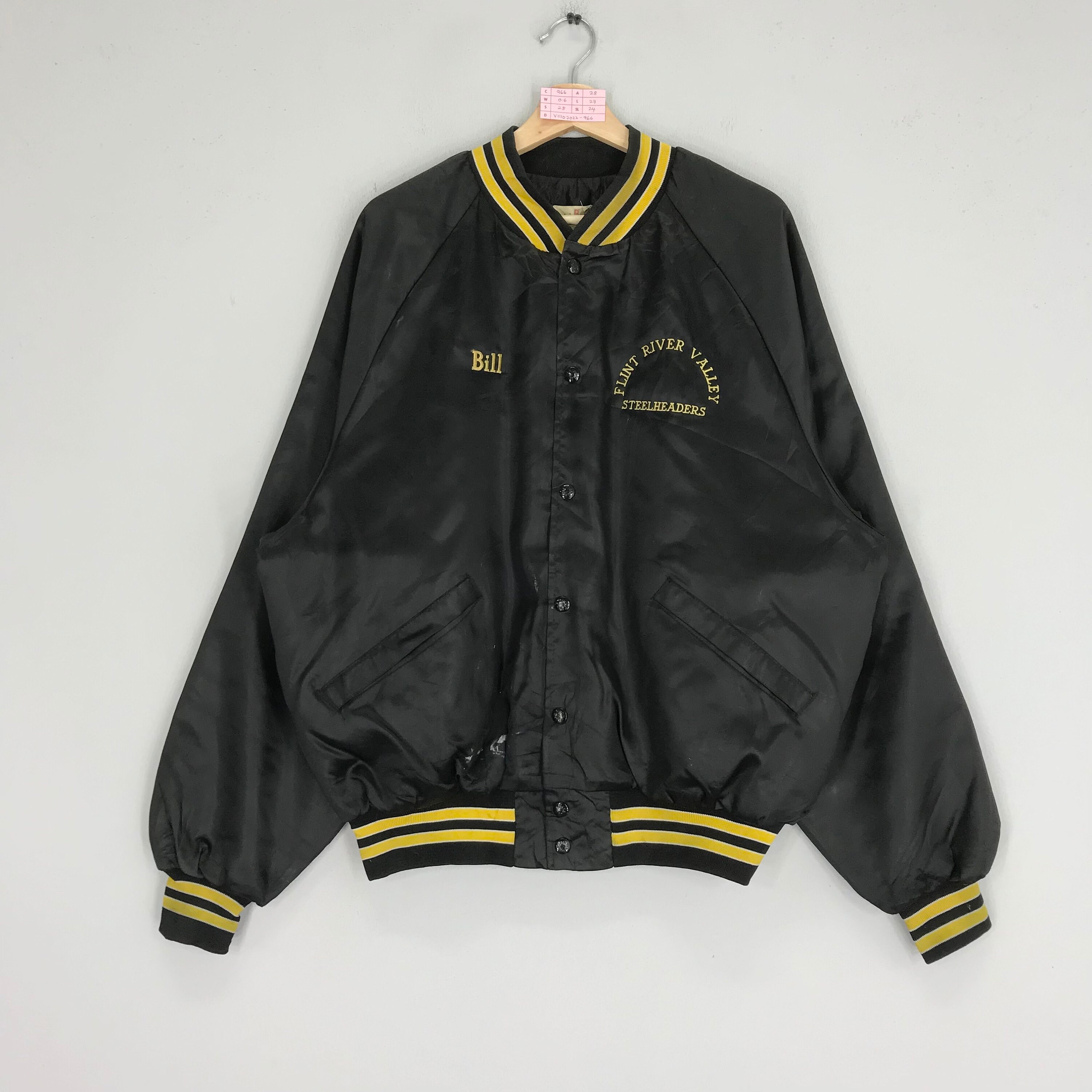 Vintage 90s Varsity Jacket Flint River Valley Embroidery Style Black Bomber  Jacket Snap Buttondown Varsity Jacket Size XL - Etsy