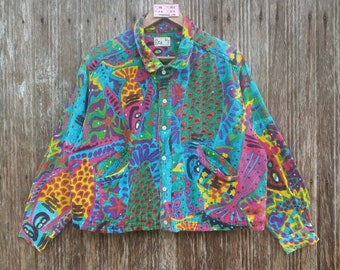 Raro!! Maglietta psichedelica con design artistico colorato e funky in stile sovrastampato St Bara, taglia L