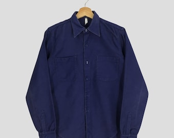 Vintage 90s Cotton Frenchwork Sanforized Indigo Blue Japan Button Shirt Medium Workwear Double Pocket Labour Work Shirt Button Casual Size M