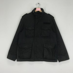 Vintage 90-tals modern denimjeansfältjacka svart taktisk jacka fyrficksjacka med dragkedja, arbetsjacka, storlek M