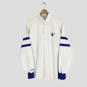 Camisa polo de rugby Fieldstone vintage dos anos 90, branca, tamanho grande, com bordado de logotipo, camisa polo de rugby, esportiva, com botões, tamanho G