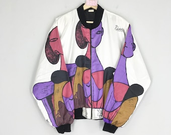 Vintage 90s Picasso Pop Art Style Baroque Silk Jacket Picasso Art Multicolor Silk Bomber Jacket Hippies Picasso Art Zipper Jacket Size L