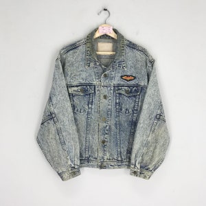 Vintage jaren 90 Amerikaans denim truckerjack Stonewash-stijl denim jeansjack button-down rijdersjack vervaagd blauw denim jeansjack maat L