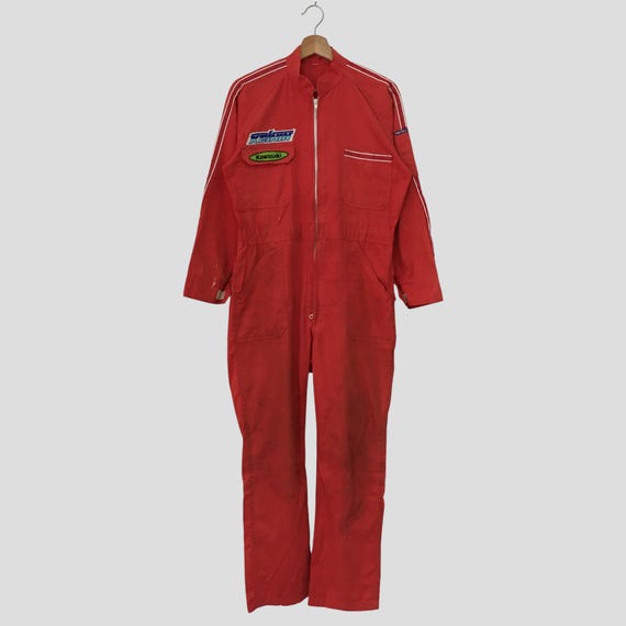 Vintage 90s Distressed Kawasaki Japanese Red Coveralls Medium