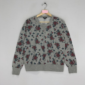Sweat floral rétro vintage des années 90 pour femmes, pull surimprimé de fleurs, col rond gris, taille S