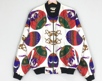 Vintage 90s Royalty Baroque Jacket Silk Abstract Pop Art Luxury Style Novelty Baroque Gold Chain Psychedelic Bomber Jacket Size L