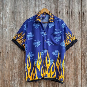90s Vintage 100% Rayon Fire Flame Pattern Open Collar Button Down 