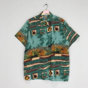 Vintage 90s Novelty Baroque Shirt Retro Polyester Pop Art Abstract Colour Green Funky Button Down Shirt Size XL