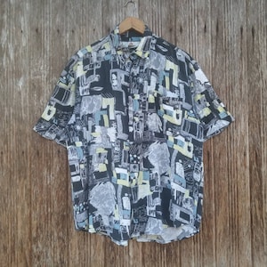 Rare!! Vintage Hawaiian Rayon Shirt Colourful Style Abstract Colour Button Down Shirt Size M