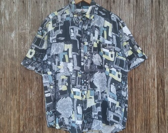 Rare!! Vintage Hawaiian Rayon Shirt Colourful Style Abstract Colour Button Down Shirt Size M