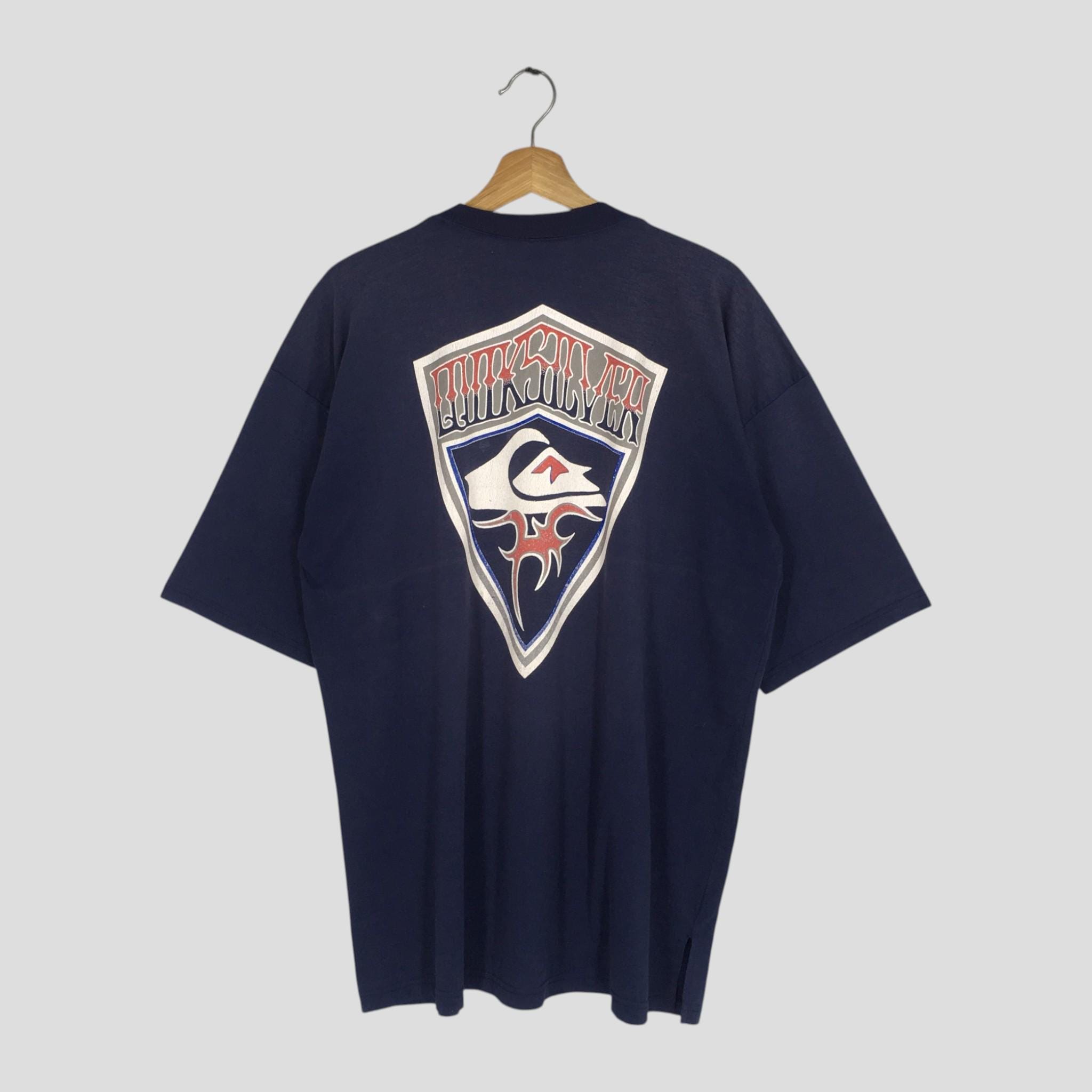 Quiksilver, Vintage 90s Heavy Used Quiksilver Blue Tshirt Xlarge Quiksilver Surfboards Big Printed Crewneck T shirt Surfboarding Ocean Wave Surf Size XL