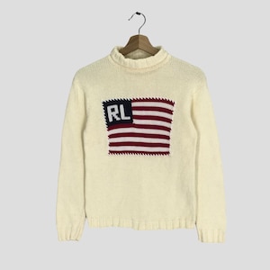 Vintage Polo Ralph Lauren Cable Knit Yellow Sweatshirt Ladies Small Polo Ralph Lauren RL Big Flag Logo Sweater Ralph Lauren Jumper Size S