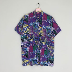Vintage Multicolor Psychedelic Baroque Silk Shirt Abstract Colour Splash Painter Pop Art Button Sown Shirt Size L