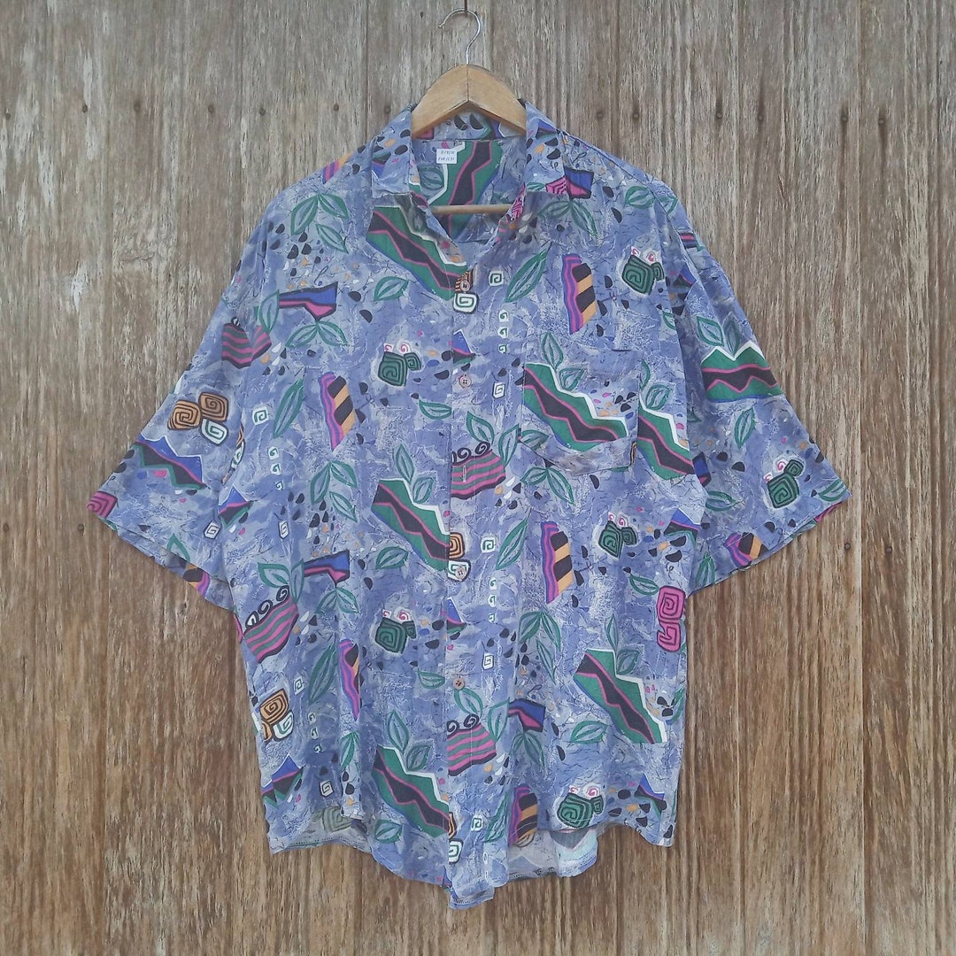 トップス abstract design rayon shirt Rare!! Vintage Abstract Design Button Down Shirt Colourful