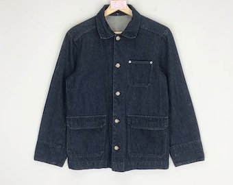 Vintage Denim Jeans Workwear Jacket Navy Blue Button Down Three Pocket American Workers Chore Denim Jeans Jacket Workwear Style Size S