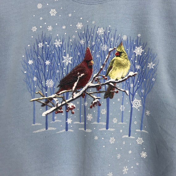 Vintage Cardinal Bird Sweatshirts Blue Floral Car… - image 4