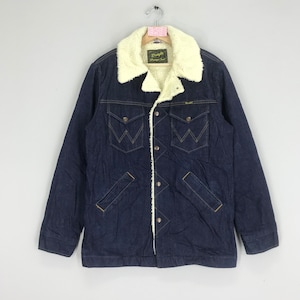 Vintage Wrangler Wrange Blue Chore Denim Jeans Jas Denim Jas Sherpa Voering Wrangler Jeans Werkkleding Jas Knopen Maat M afbeelding 1