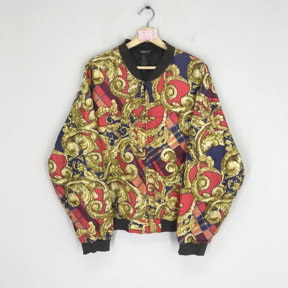 Vintage 90s Baroque Silk Bomber Jacket Overprinte… - image 1