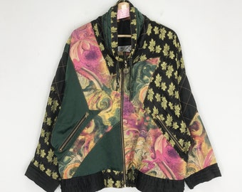 Vintage 90s Retro Style Baroque Floral Abstract Pattern Multicolor Jacket Pop Art Floral Novelty Baroque Luxury Zipper Jacket Hippies Size L