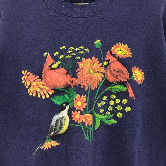 Vintage 90s Cardinal Bird Flower Sweater Floral B… - image 3