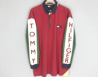 Vintage 90s Tommy Hilfiger Polo Rugby Shirt Big Logo On Sleeve Tommy Hilfiger Red Hip Hop Tommy Sailing Gear Polo Rugby Shirt Size L