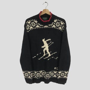 Vintage Ralph Lauren Cable Knit Black Sweatshirt Large Polo Ralph Lauren Skiing Sweater Ralph Lauren RL Crewneck Sportswear Outfit Size L