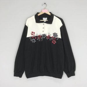 Vintage Embroidery Pop Art Floral Sweatshirt Black Collared Embroidery Flowers Hippes Pullover Flower Sweater Ladies Size XXL