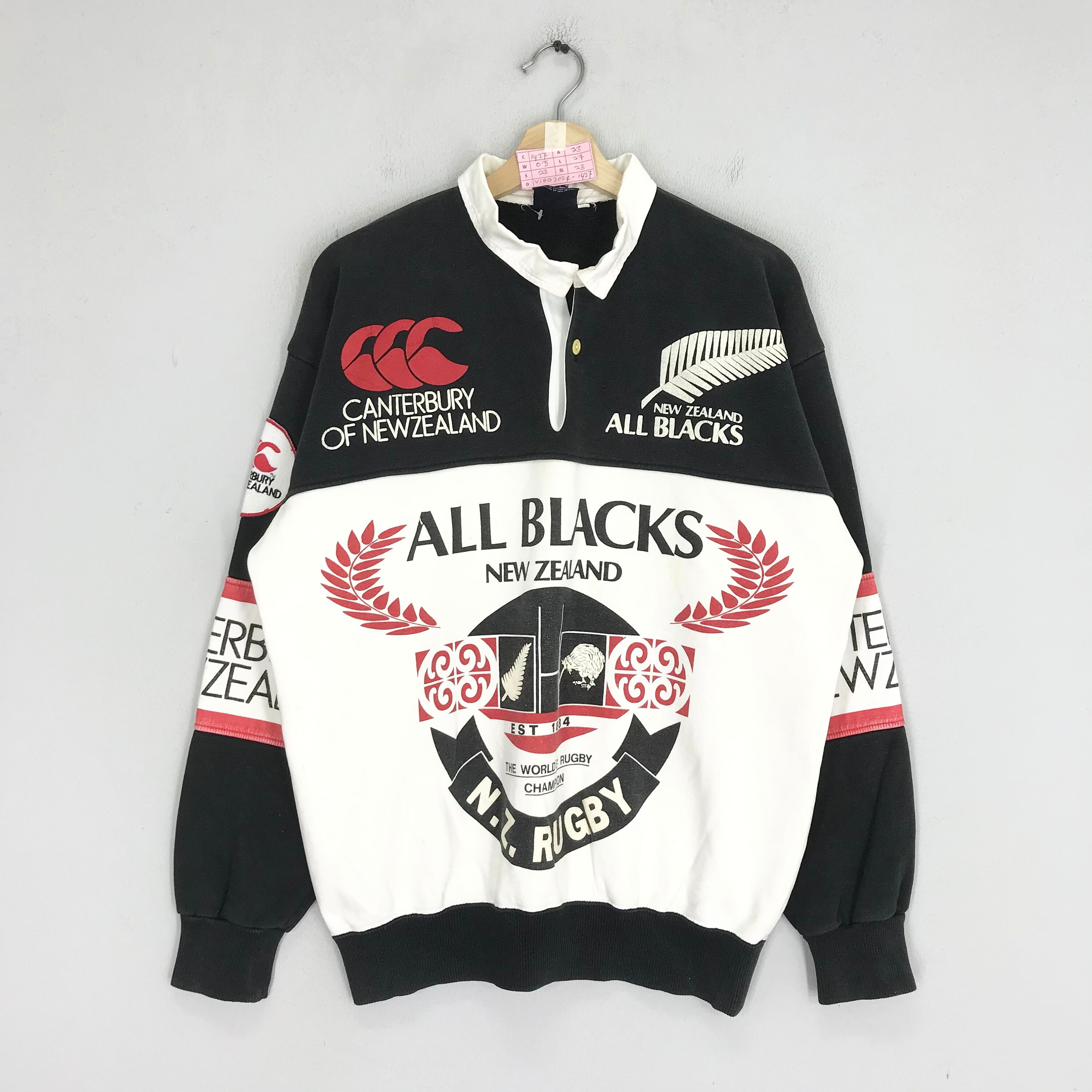 Vintage 90s Canterbury of New Zealand Black White Polo Rugby