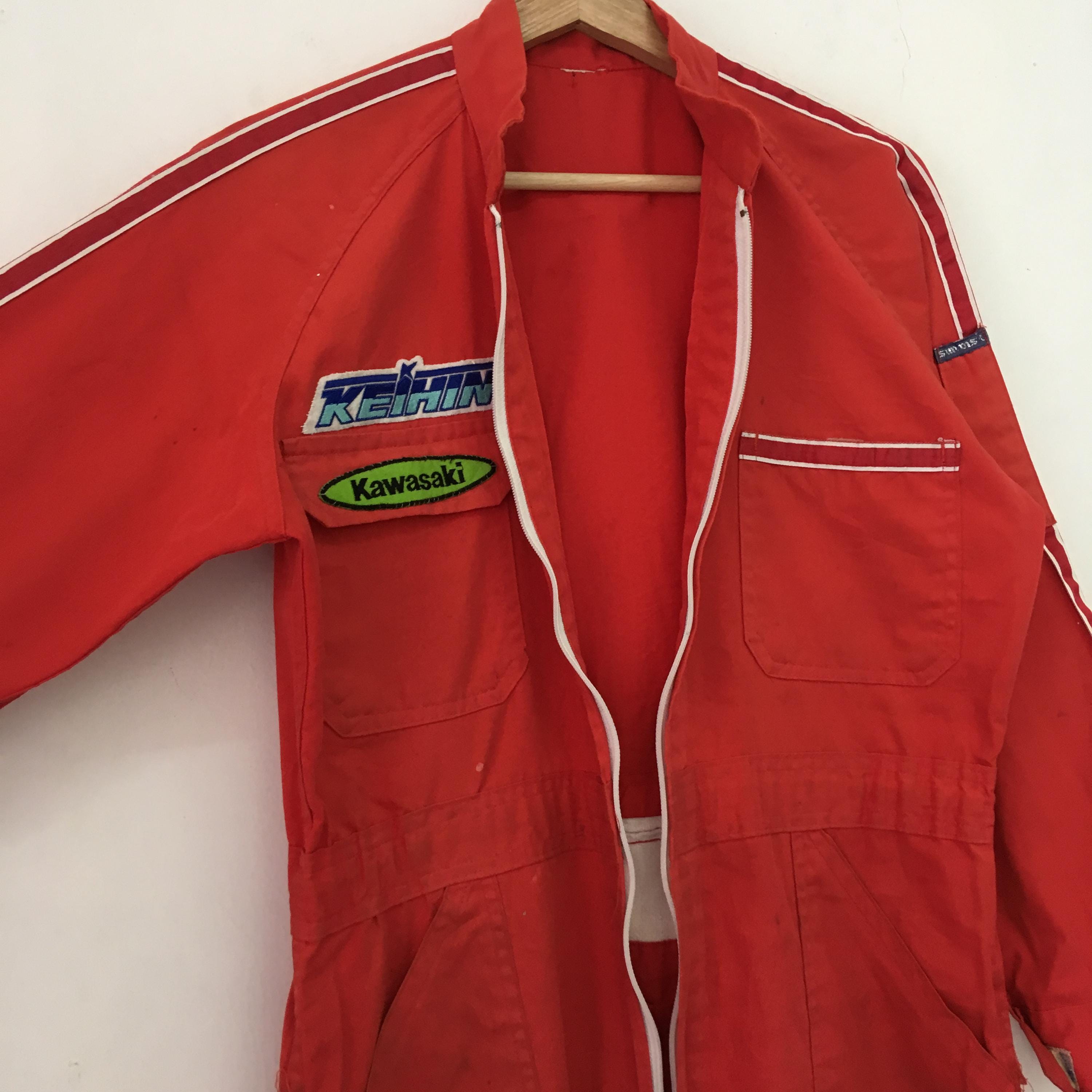 ✝️japanvintageclothing coveralls✝️ Vintage 90s Distressed Kawasaki Japanese Red Coveralls