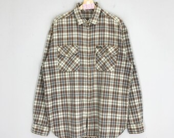 ヴィンテージ 90 年代 チェック柄 タータンチェック フランネルシャツ ボタンダウンシャツ ラージチェック ブラウン フランネルシャツ カジュアル グランジ アウトフィット ボヘミアンシャツ サイズ L