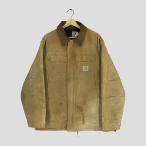 Vintage Carhartt Arbeitsjacke aus den 90er Jahren, braun, im Used-Look, Größe L. Carhartt Barn Field Worker Utility Jacke mit Reißverschluss und zwei Taschen.
